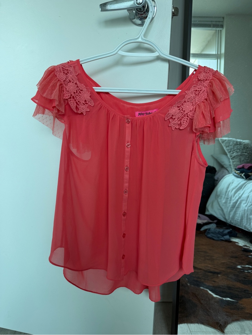 Betsey Johnson Coral Lace Ruffle Button-Front Blouse